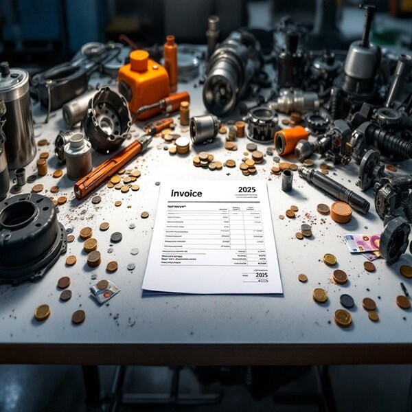 Rechnung Lenkung auf einem Tisch mit KFZ Teilen