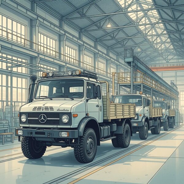 Unimogs hintereinander aufgereiht